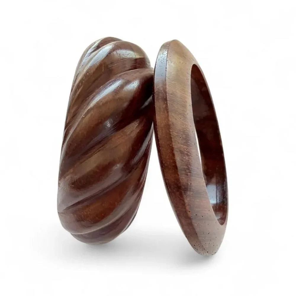 Vintage Hand-Carved Wooden Bangle Stack Set (2pcs)